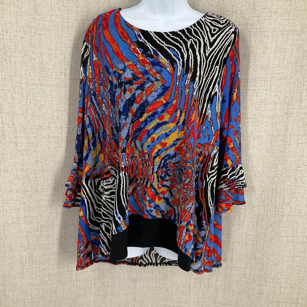 Caleesa Tunic Top Womens PXL Multicolor Abstract Zebra Ruffle Boho Artsy Bold